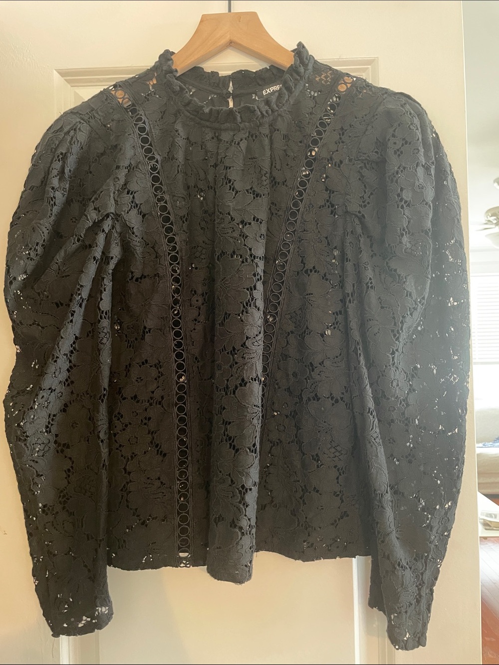 Express Black Floral Lace Ruffled-Neck Blouse